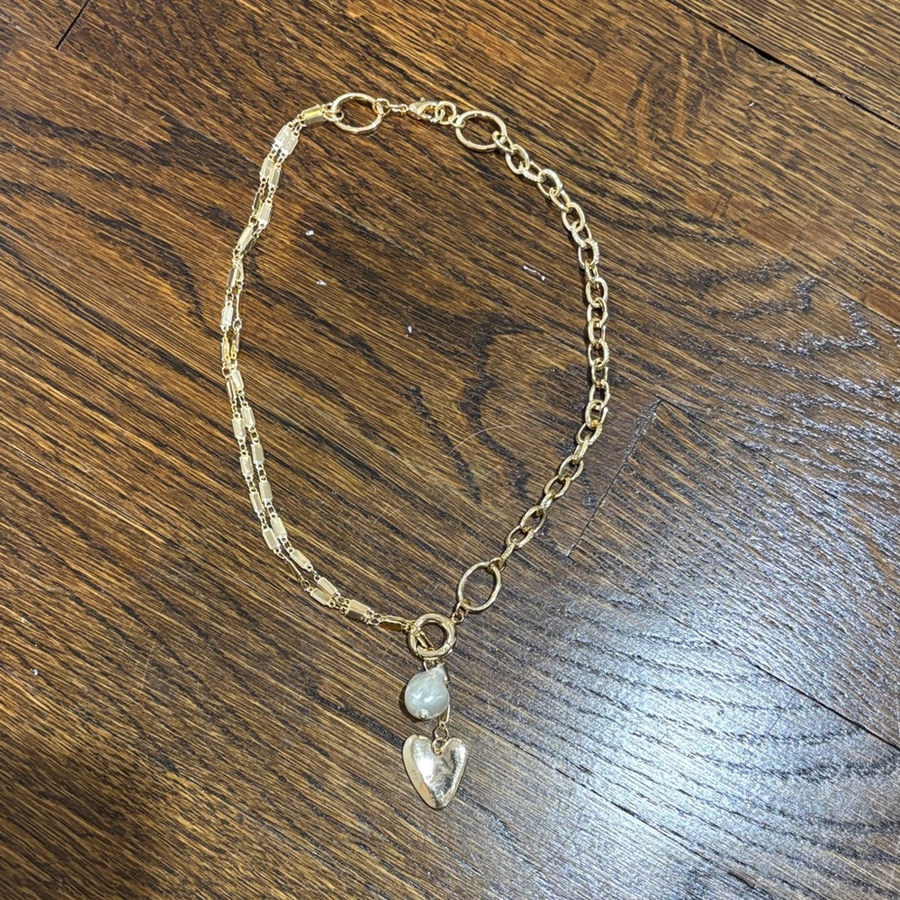 Gold Layered Heart Pendant Necklace with Pearl Accent